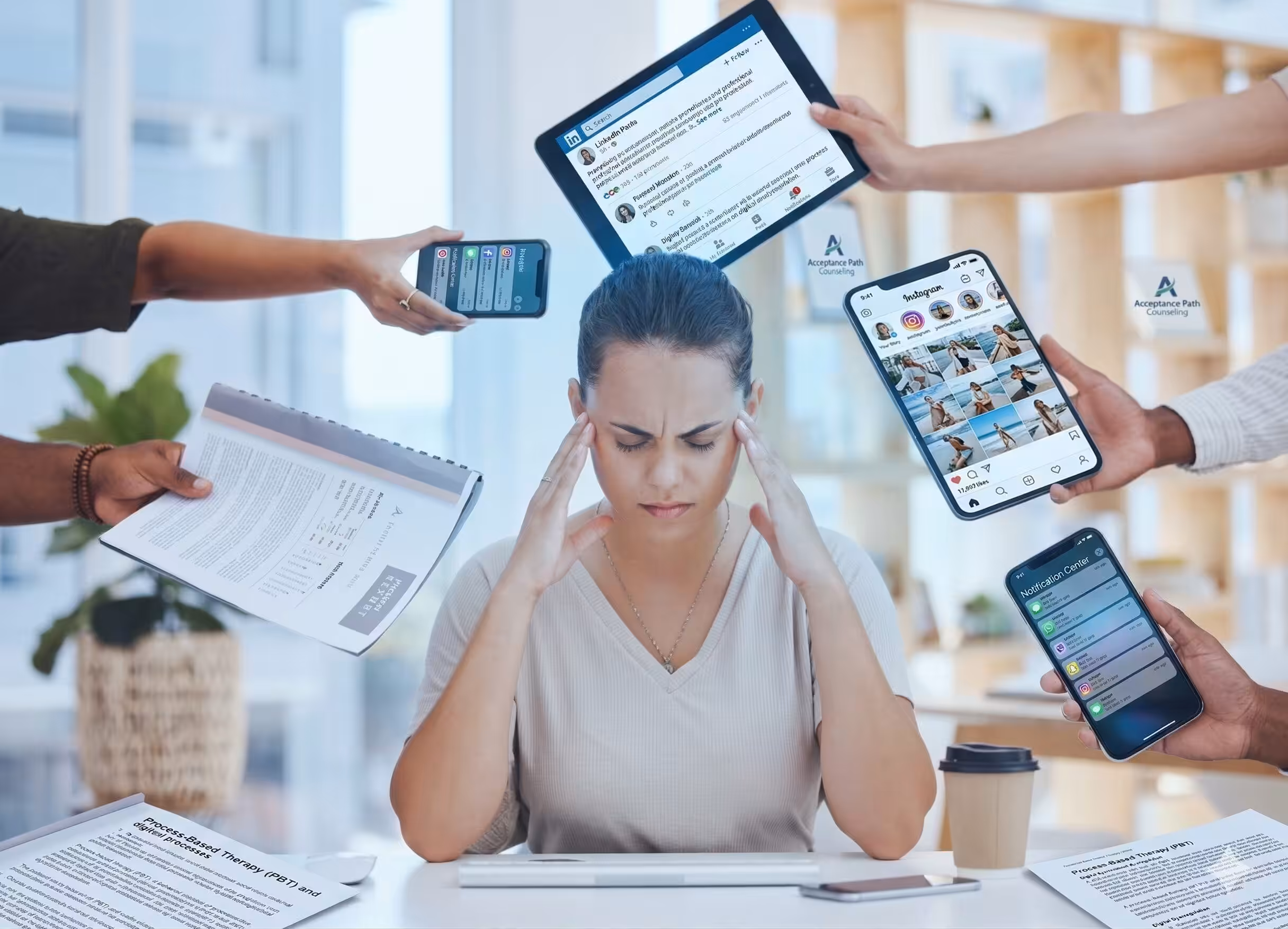 A stressed woman in an office holds her head as she is overwhelmed by screens and notifications illustrating the link between social media and anxiety