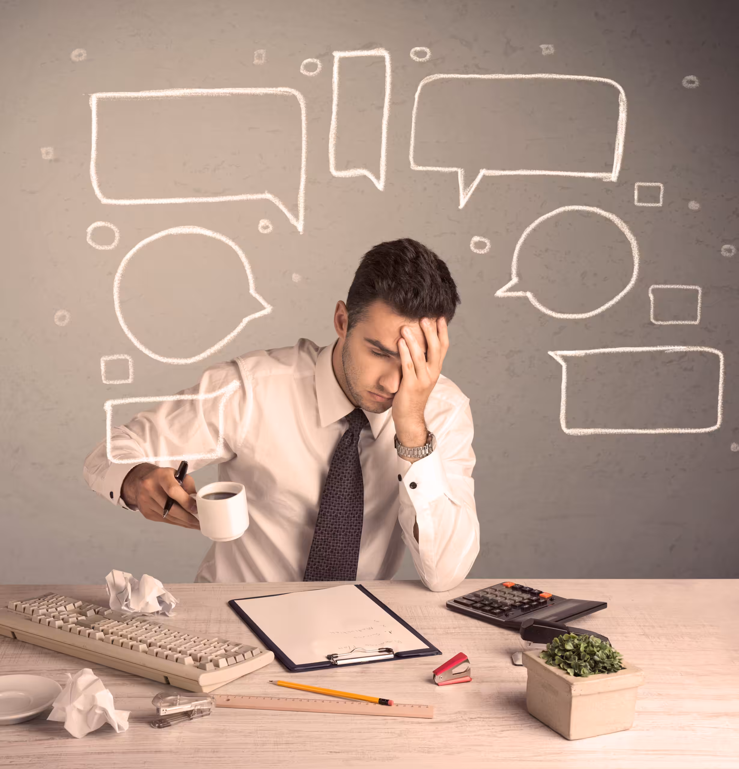An exhausted high achieving professional in The Woodlands struggling with mental clutter at his desk representing the burnout loop faced by adhd and depression adults treated at Acceptance Path Counseling