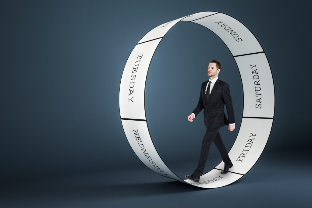 A professional in Louetta walking inside a repeating loop with no exit — capturing the OCD thought cycle that Acceptance Path Counseling helps break