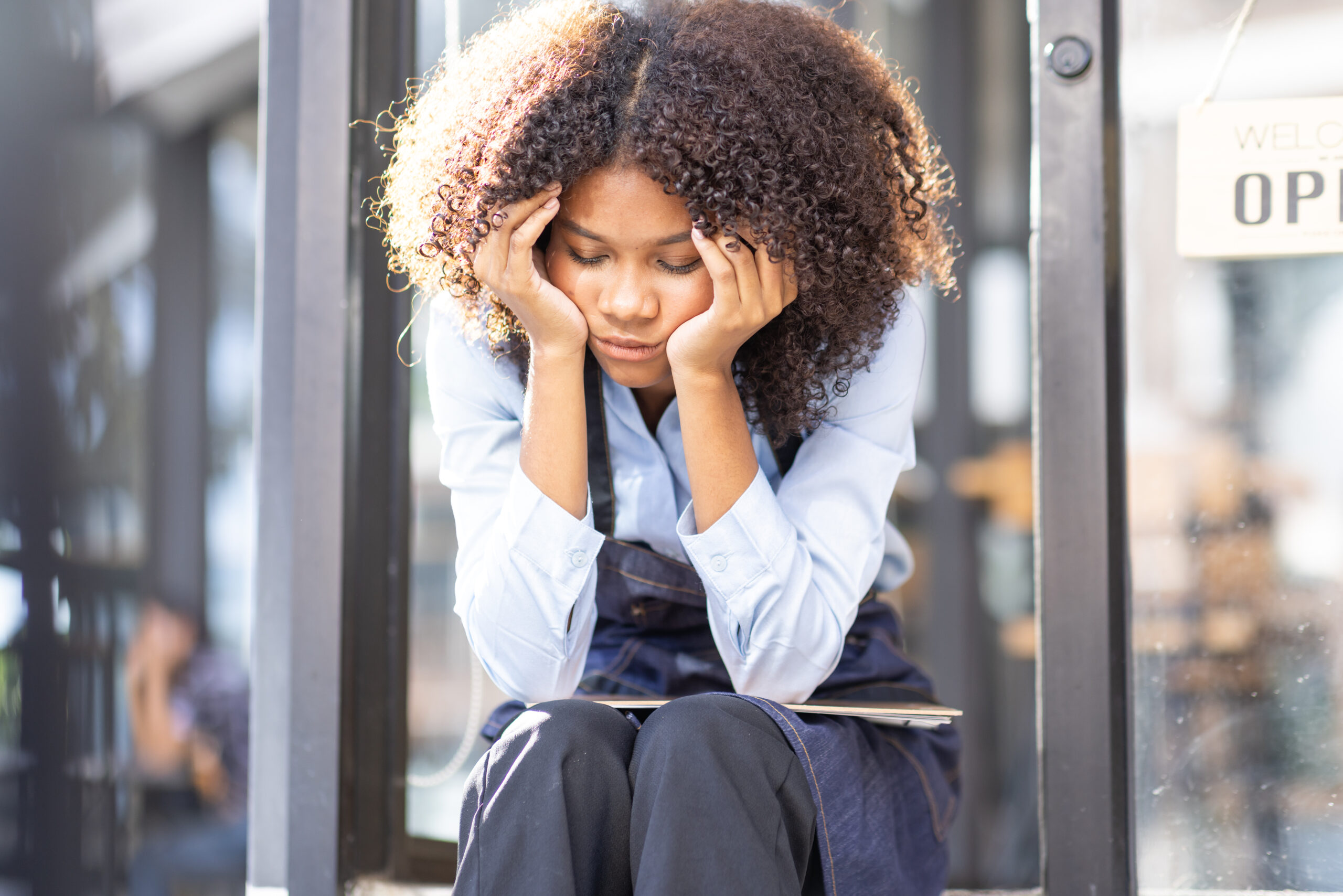 frustratedwomanrestaurantownerleaningonherh20260319021342utc Acceptance Path Counseling Illustration of ADHD burnout showing emotional exhaustion and difficulty concentrating