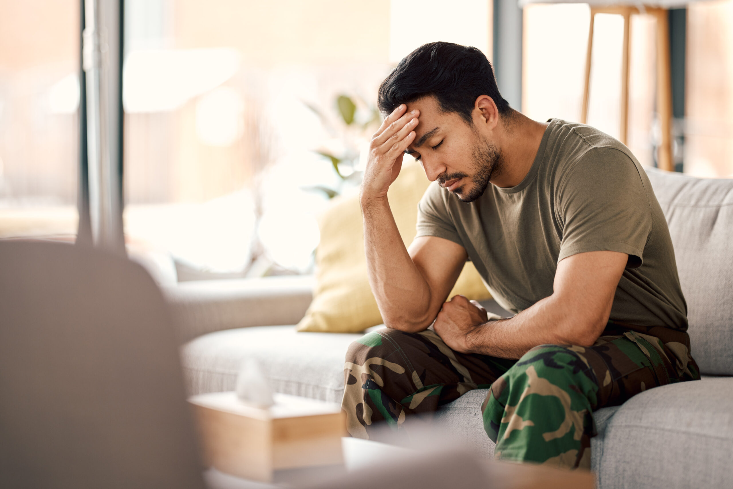 Person experiencing PTSD hypervigilance while scanning a public space