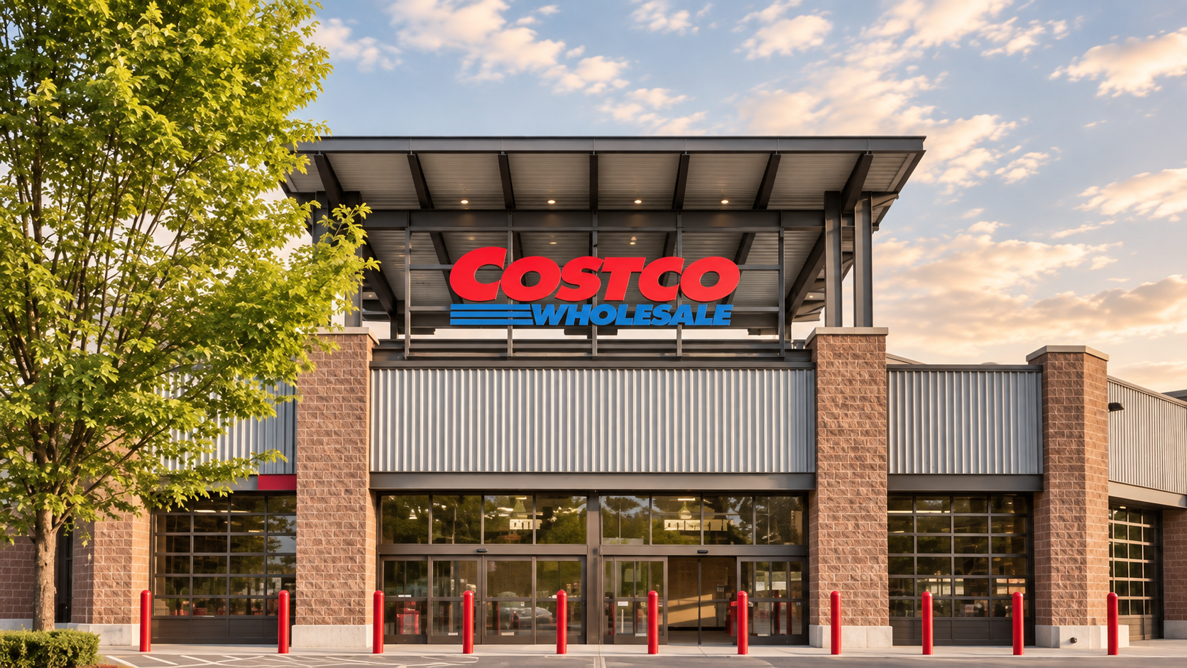 Costco Wholesale storefront with a large red and blue sign brick columns metal siding and a tree on the left against a blue sky