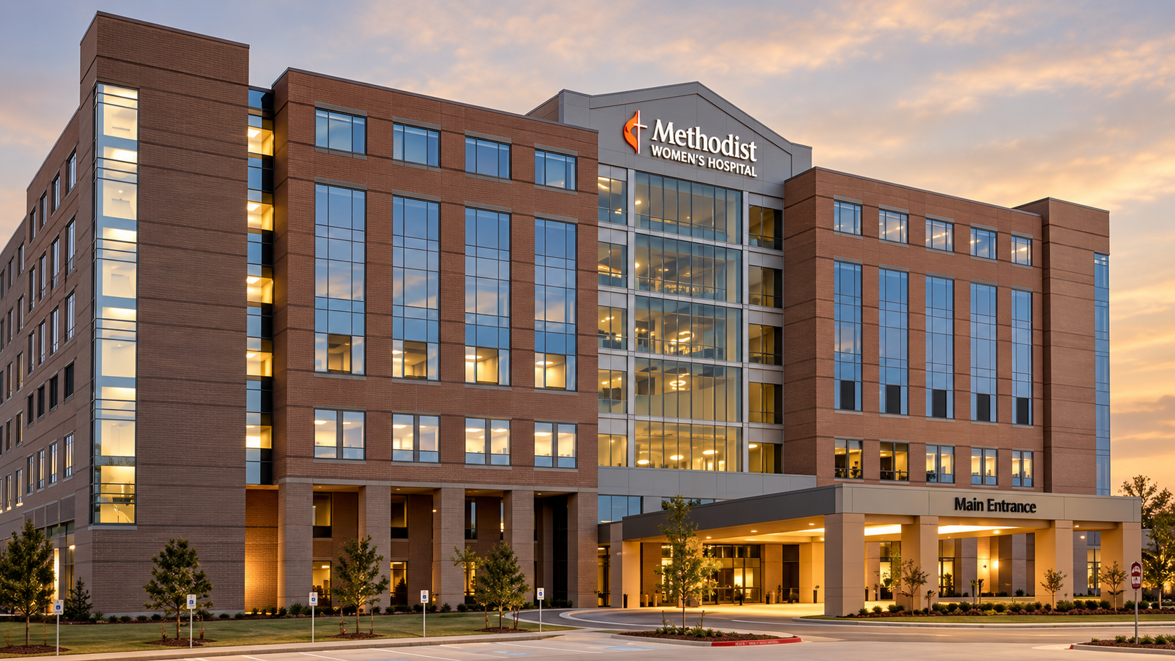 Exterior view of Methodist Womens Hospital at dusk a modern brick and glass building with the Main Entrance lit up under a sunset sky