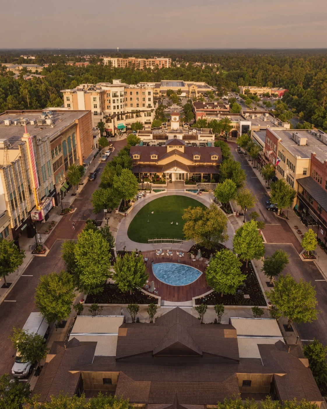 Aerial view of a downtown plaza with a circular grassy park a blue pool and surrounding shops and buildings in a grid of streets