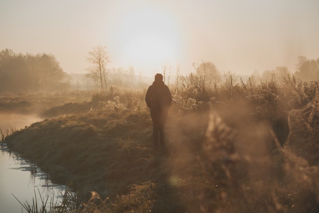 A person walks along a misty path beside a pond at sunrise